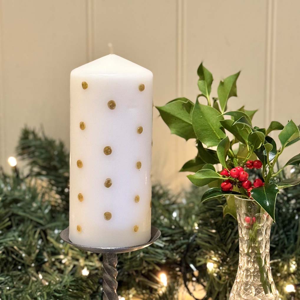 HAND PAINTED CHRISTMAS CANDLES - GOLD SPOTTY PILLAR CANDLES