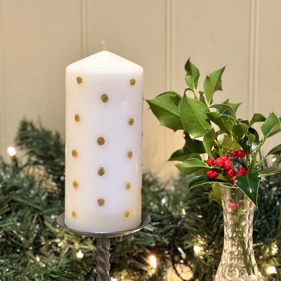HAND PAINTED CHRISTMAS CANDLES - GOLD SPOTTY PILLAR CANDLES