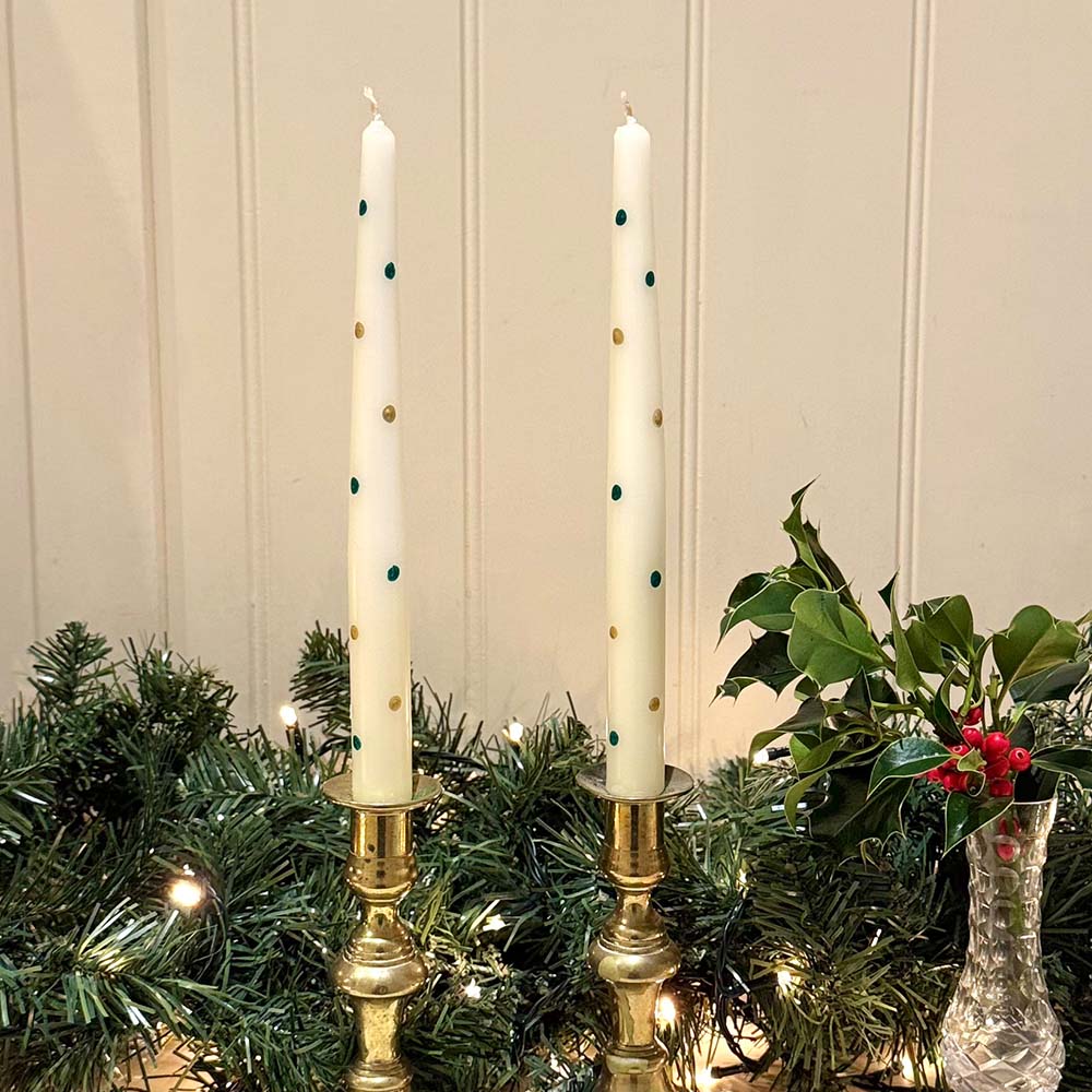 Christmas Hand Painted Candles - Green & Gold Spotty Candles