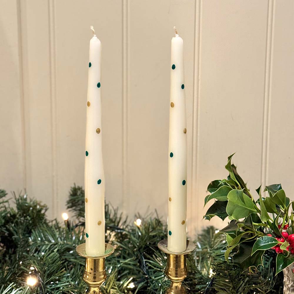 Christmas Hand Painted Candles - Green & Gold Spotty Candles