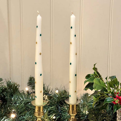 Christmas Hand Painted Candles - Green & Gold Spotty Candles