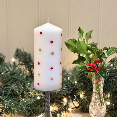 Hand Painted Christmas Candles - Red & Gold Spotty Pillar Candles