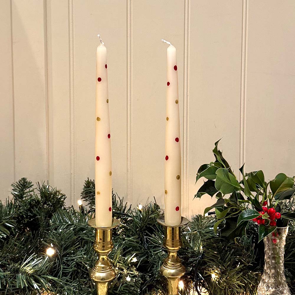 CHRISTMAS HAND PAINTED CANDLES - RED & GOLD SPOTTY CANDLES
