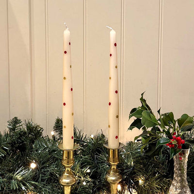 CHRISTMAS HAND PAINTED CANDLES - RED & GOLD SPOTTY CANDLES