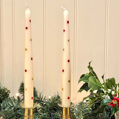 CHRISTMAS HAND PAINTED CANDLES - RED & GOLD SPOTTY CANDLES